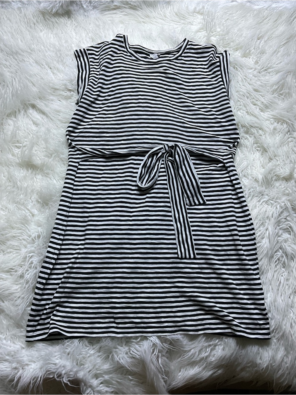 J. CREW Short Sleeve Striped Tie Waist T-Shirt Dress Black White - Picture 2 of 5